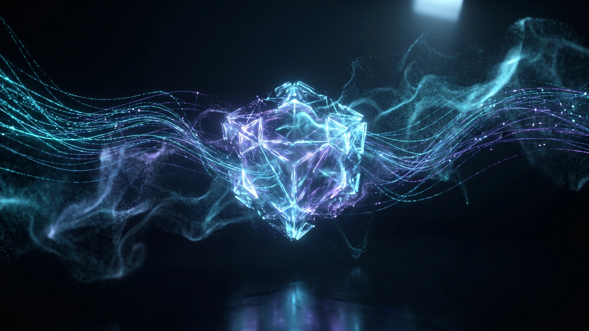 Reactorのイメージビジュアル。光の粒子が立方体状の構造に収束するCG