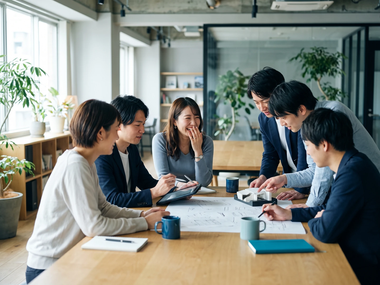 笑顔で作業する若手の日本人エンジニアとデザイナー