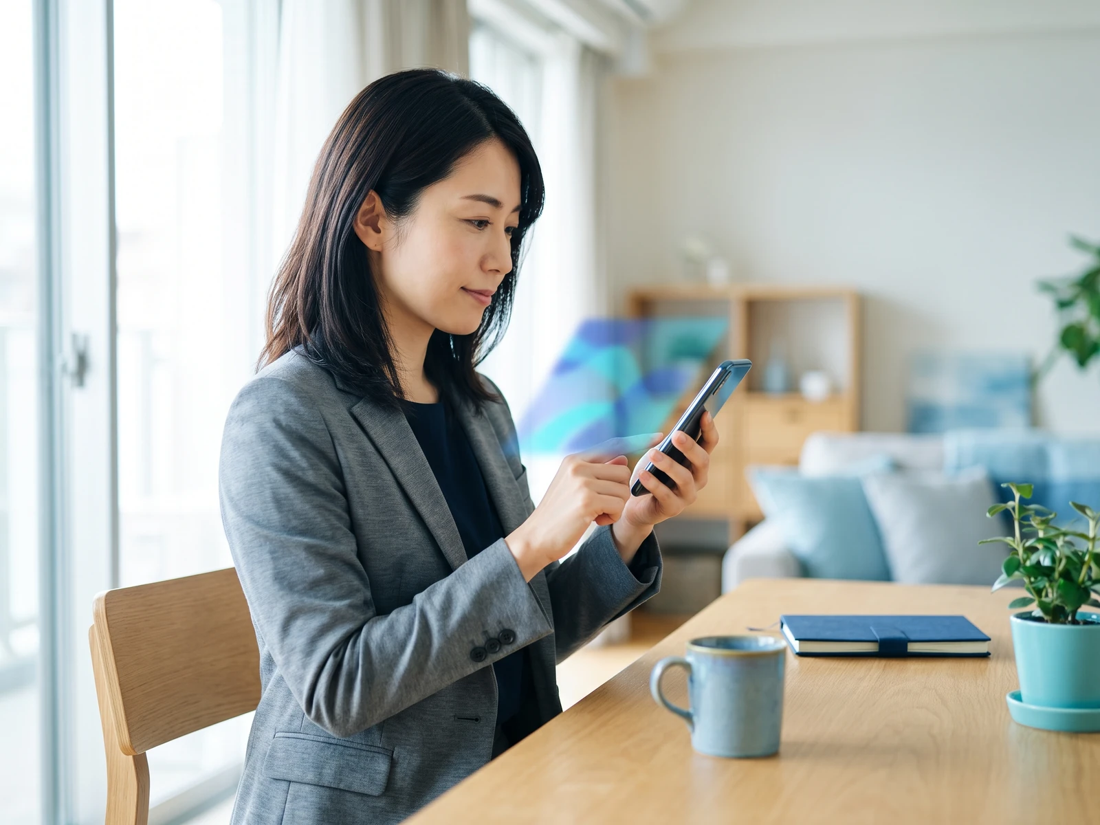 自宅のデスクでスマートフォンからReactorのデモを試す日本人