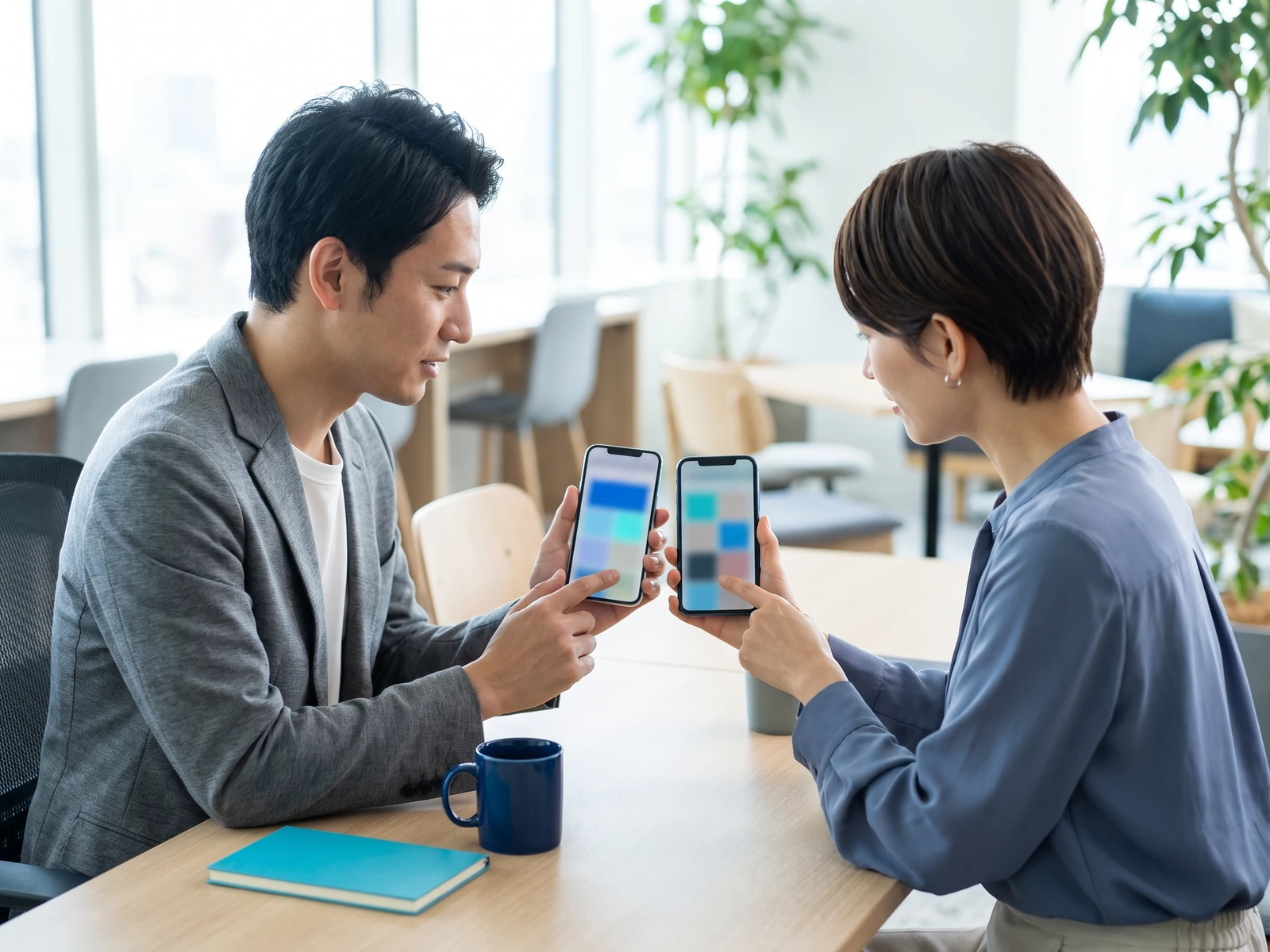 スマートフォン実機でアプリの動作を確認する日本人デザイナーとエンジニア
