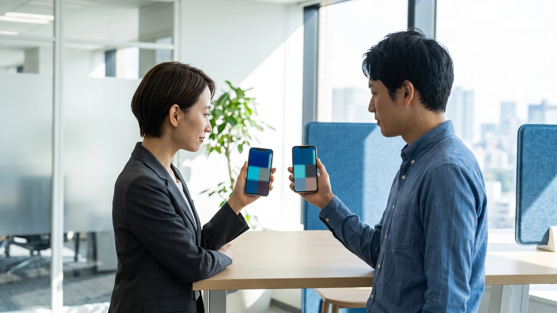 スマートフォン実機でアプリの動作を確認する日本人デザイナーとエンジニア