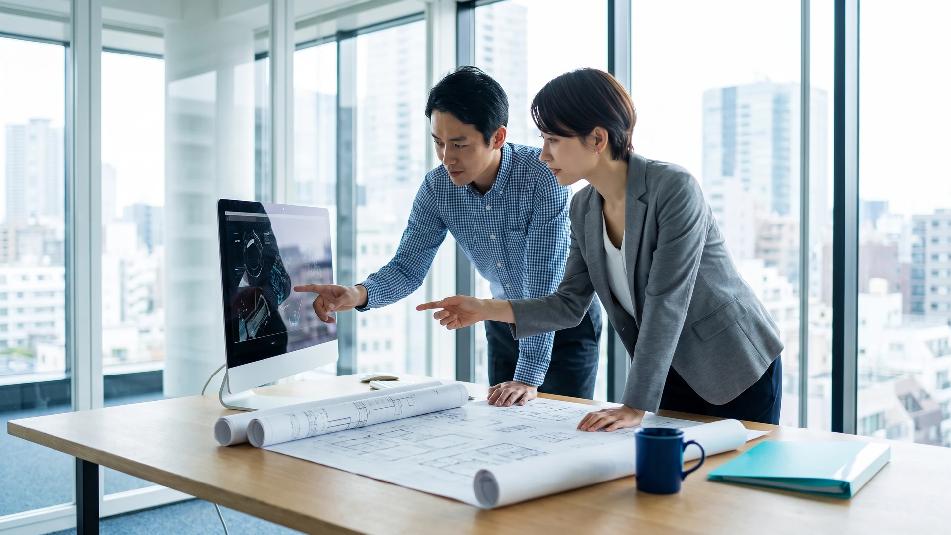 設計書を見ながらAIの提案を検証する日本人エンジニアと利用部門の担当者