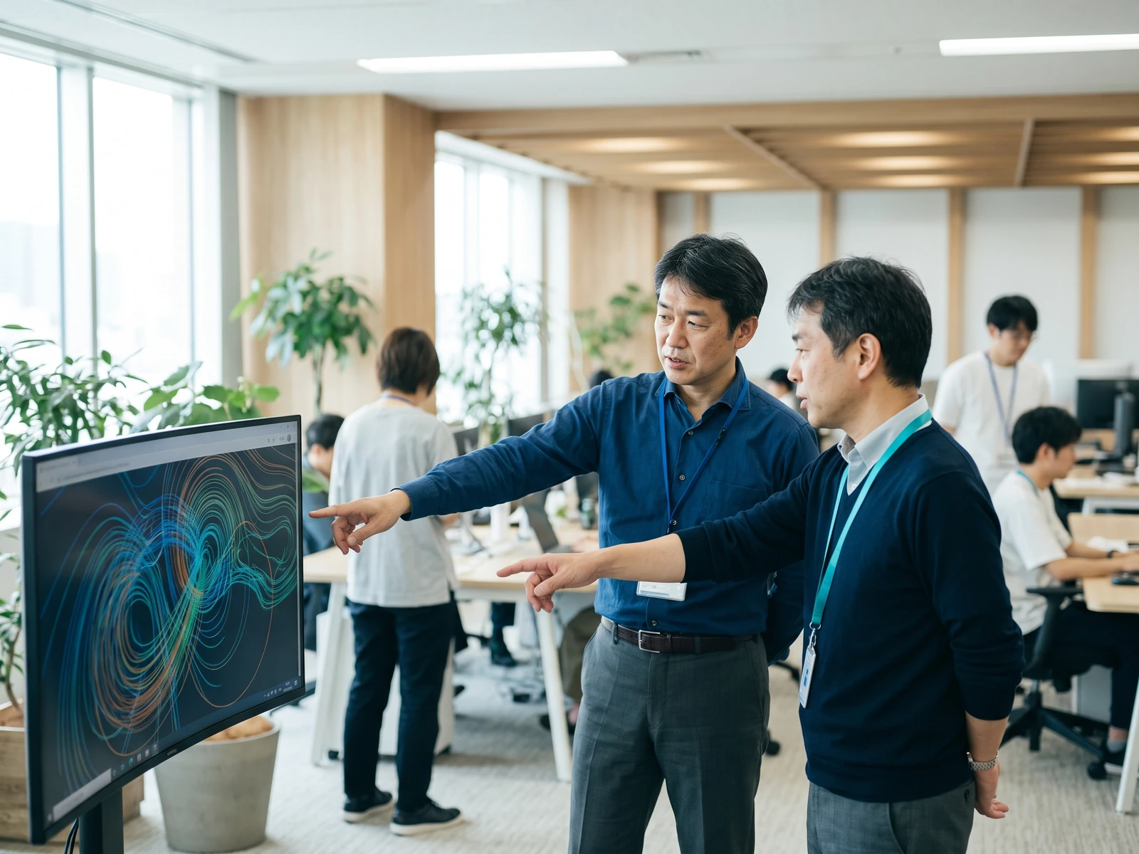 大型モニターでAIが生成したコードをレビューする日本人シニアエンジニア