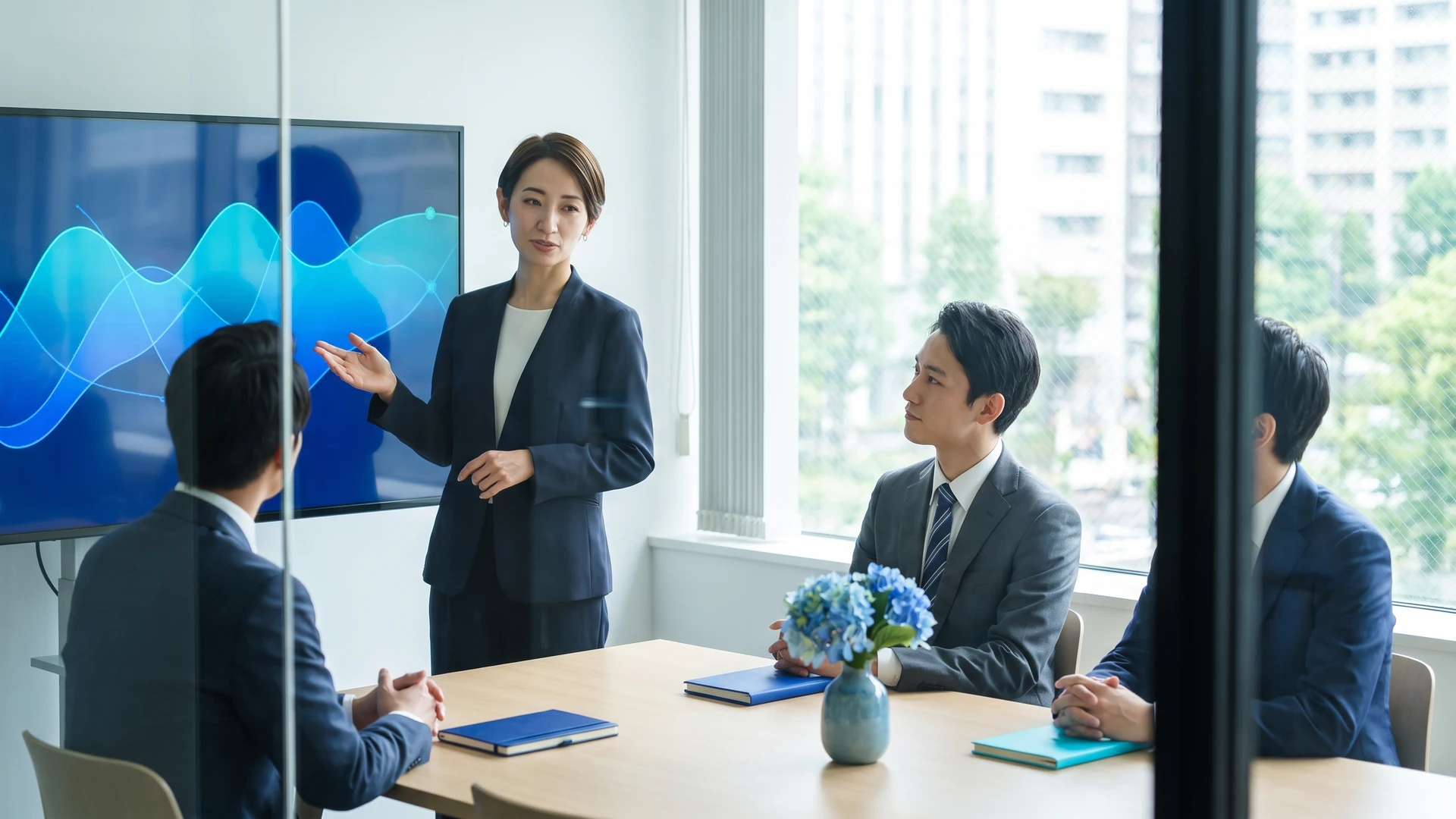 会議室でシステム資産の評価結果を経営層に説明する日本人コンサルタント