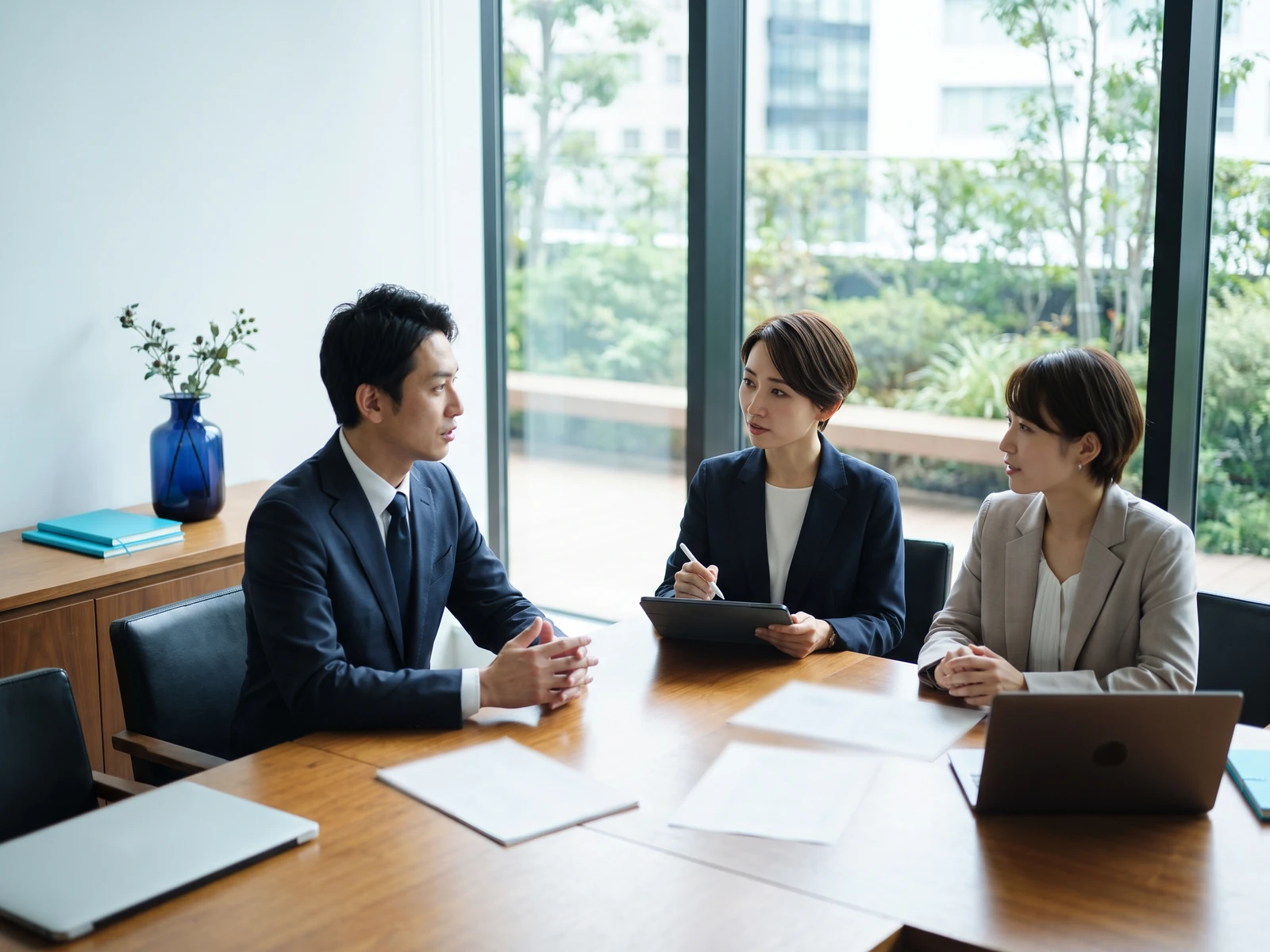 役員室で経営陣とDX戦略を議論する日本人の社外CTO