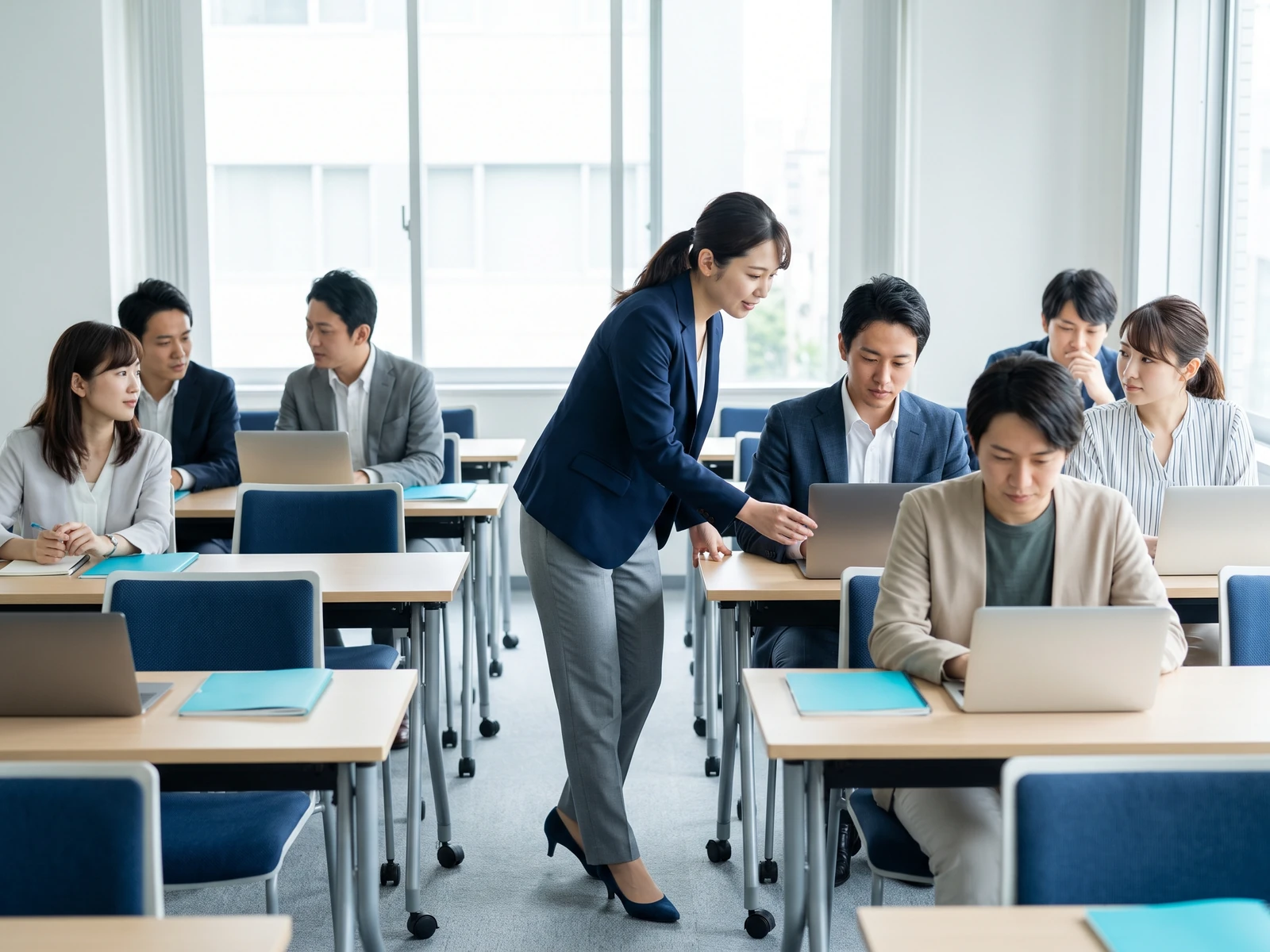社内研修でAI活用を学ぶ日本人の受講者と講師