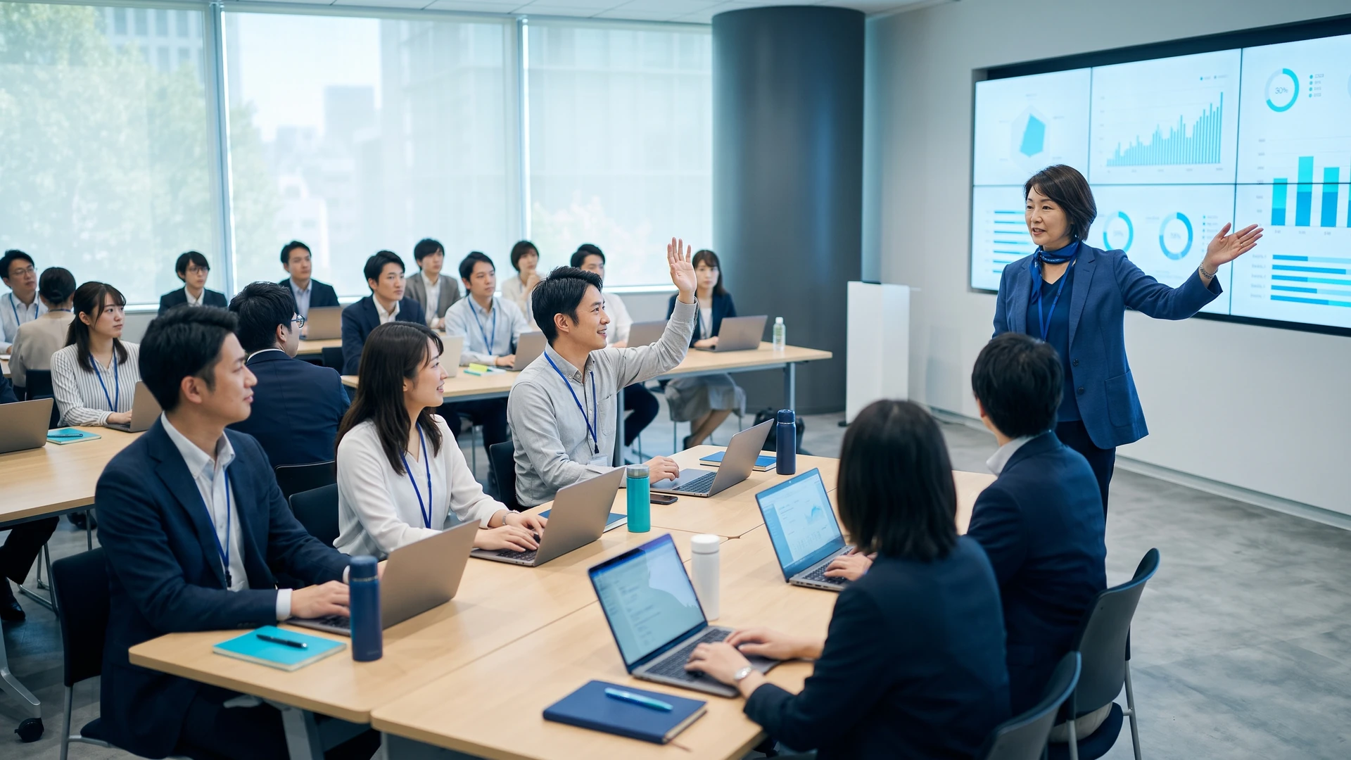 社内研修でAI活用を学ぶ日本人の受講者と講師